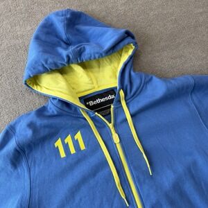 Fallout 4 Hoodie Mens Large Blue Yellow Vault 111 Bethesda VIdeo Games Gamer